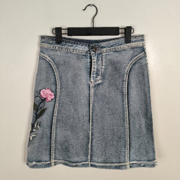 Vintage Y2K 2000s 90s Fairy Boho Embroidered Floral Lolita Jean Denim Skirt M - Picture 2 of 10